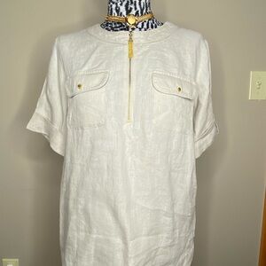 Ellen Tracy Cream Short-Sleeve Blouse with Gold Zipper